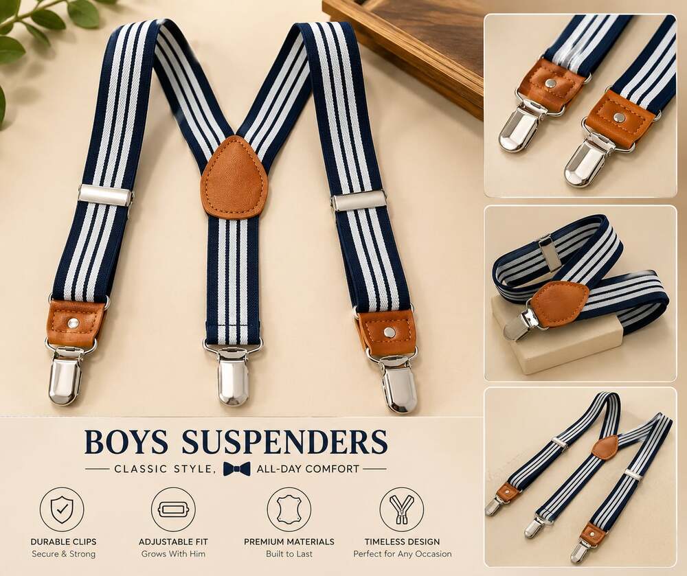 Boys Y-Back Adjustable Elastic Striped Suspenders with Brown Leather Detailing